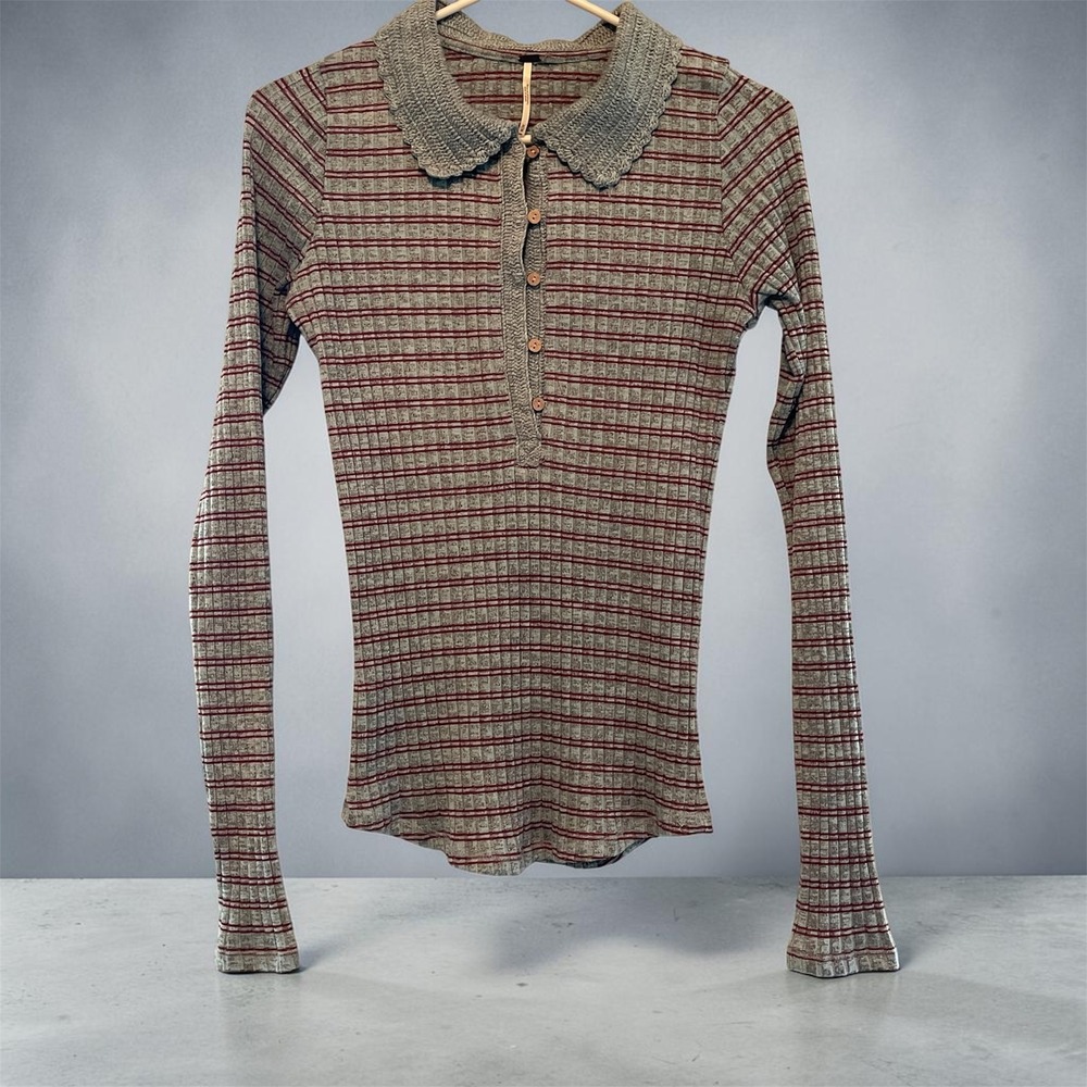 Free People Light Blue Red Striped Ribbed Henley Top Crochet Collar Medium